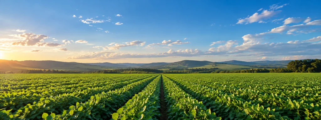 Área de produção agrícola com lavoura, relevo ao fundo e céu azul